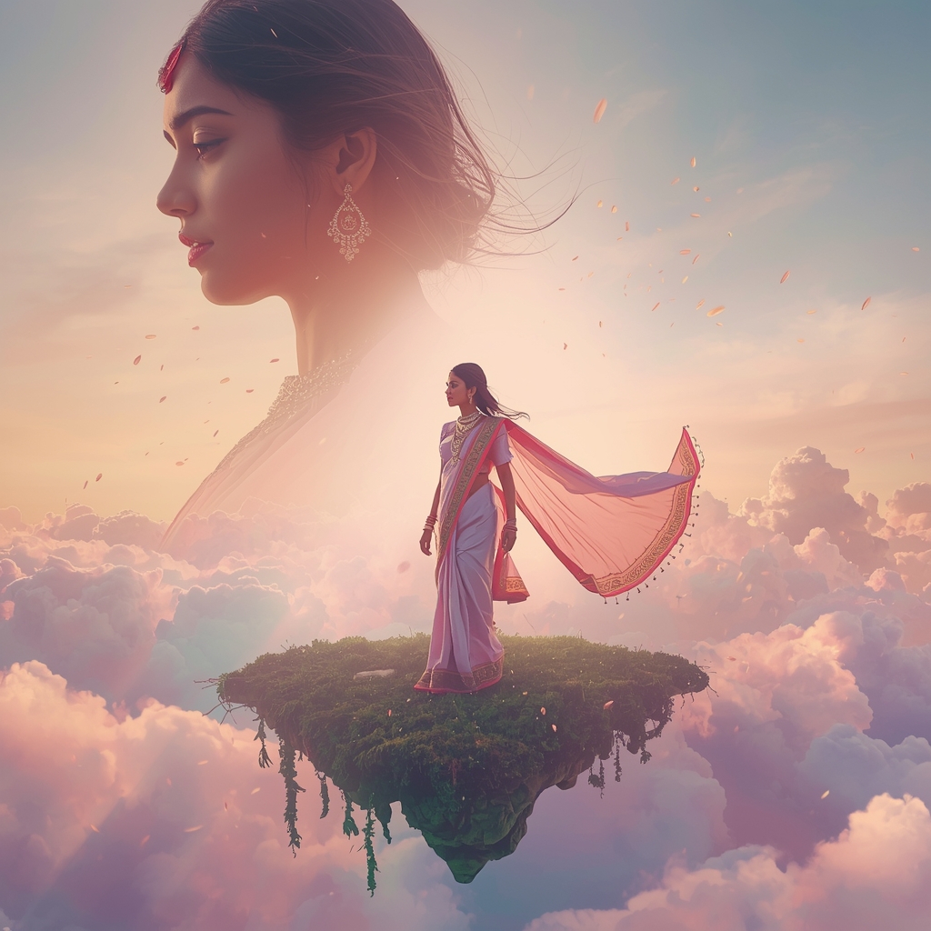 Pastel Saree Floating Sky Island Dream Dimension Cinematic Prompt | Prompt Gemini Saree