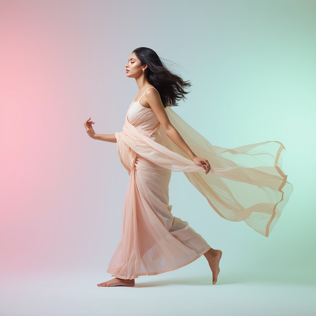 Pastel Saree Girl Side Step Pause Natural Flow Pose | Command Prompt