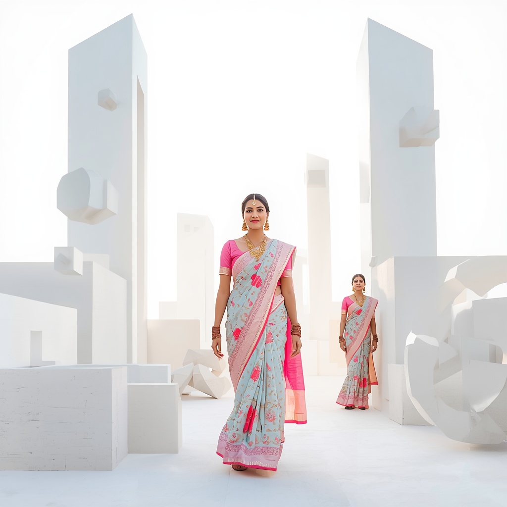 Pastel Saree Glowing White Geometrics Lite Background Prompt | Saree Photoshoot Ai Prompt