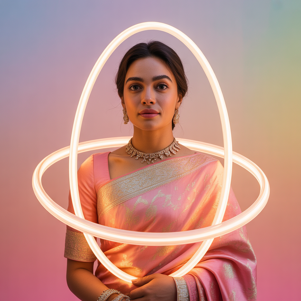 Pastel Saree Glowing White Rings Lite Background Cinematic Prompt | Saree Prompt Text To Image