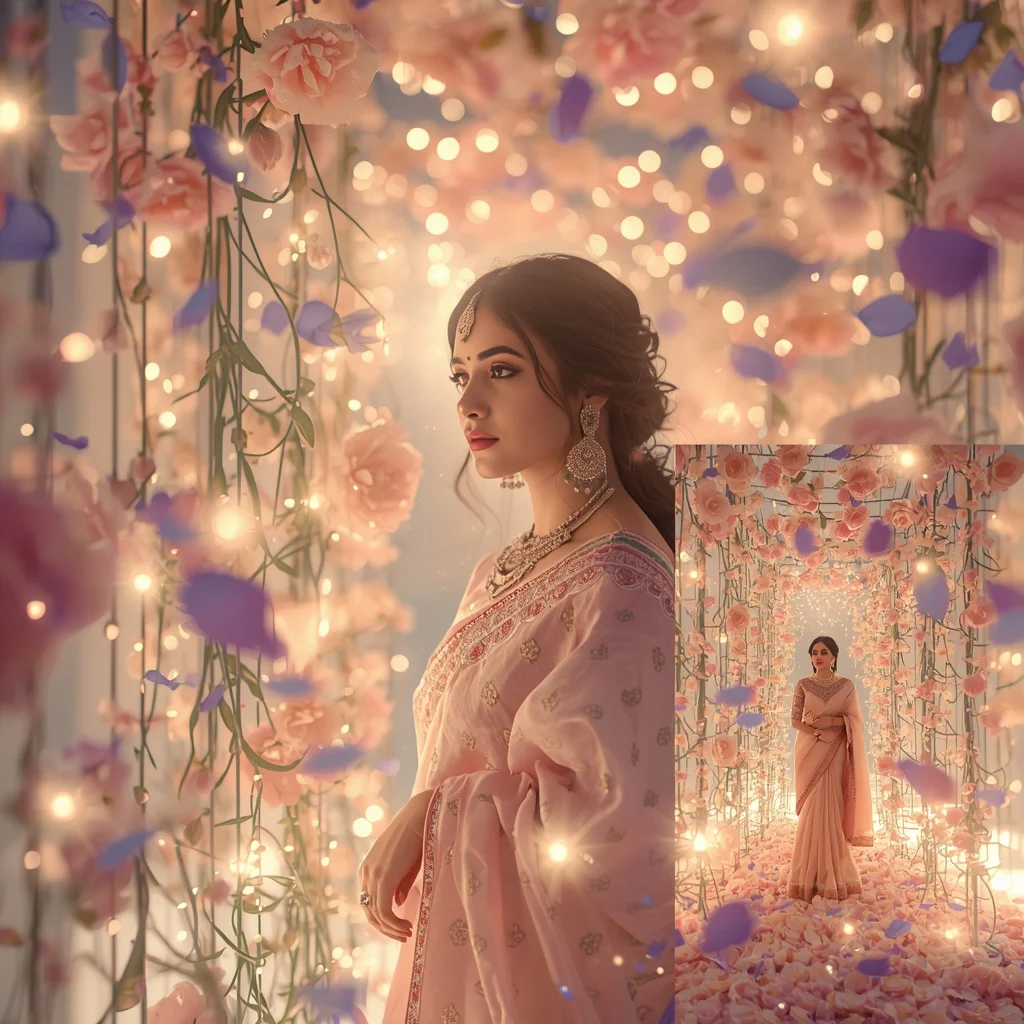 Pastel Saree Infinite Bloom Light Petal Dimension Cinematic Prompt | Indian Bride Saree Ai Prompt