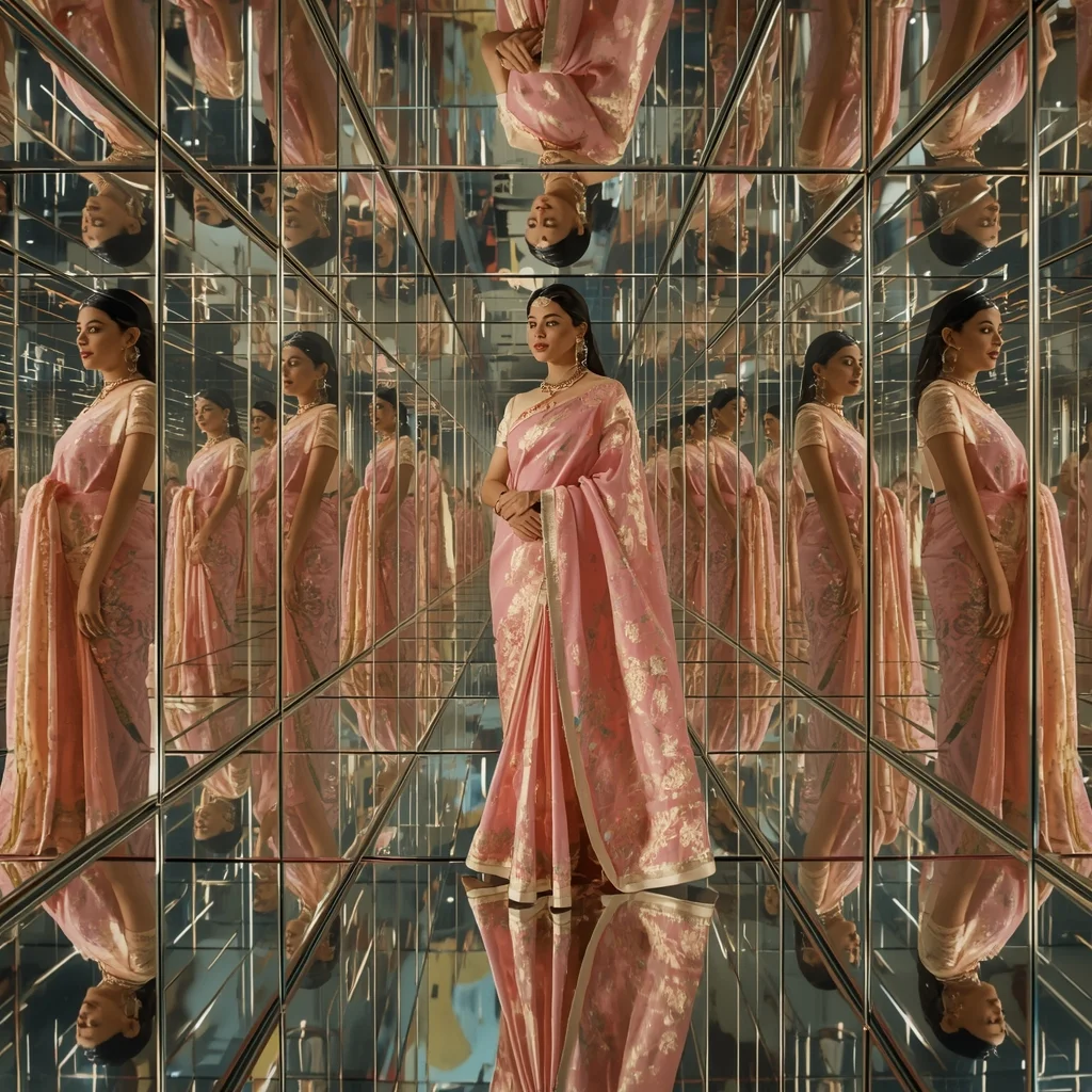 Pastel Saree Infinite Mirror Palace Reflection Luxury Cinematic Prompt | Saree Trending Ai Prompt