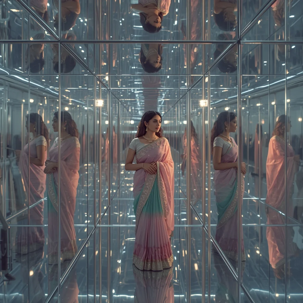 Pastel Saree Infinite Reflective Geometry Light Chamber Cinematic Viral Prompt | Saree Photoshoot Ai Prompt