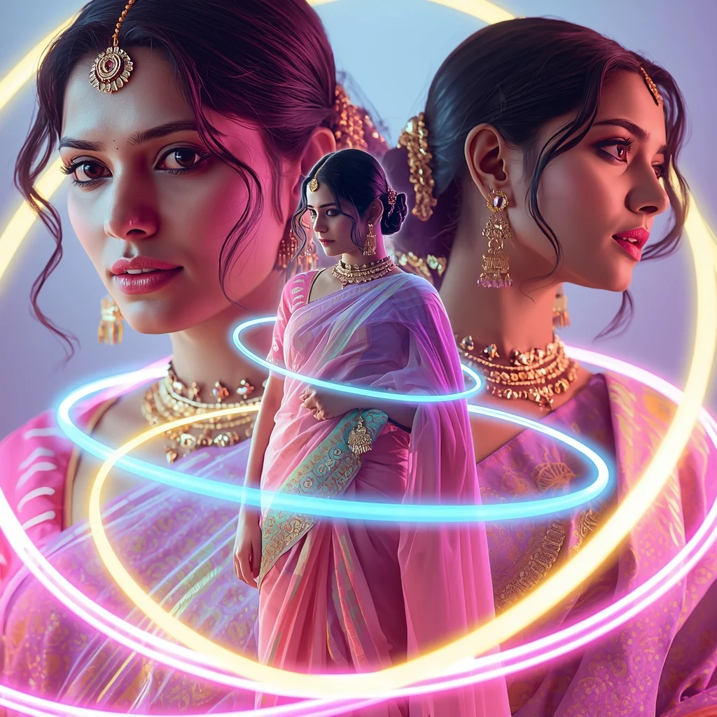 Pastel Saree Neon Ribbon Orbit Collage Cinematic Prompt | Bridal Saree Ai Prompt For Instagram Reel