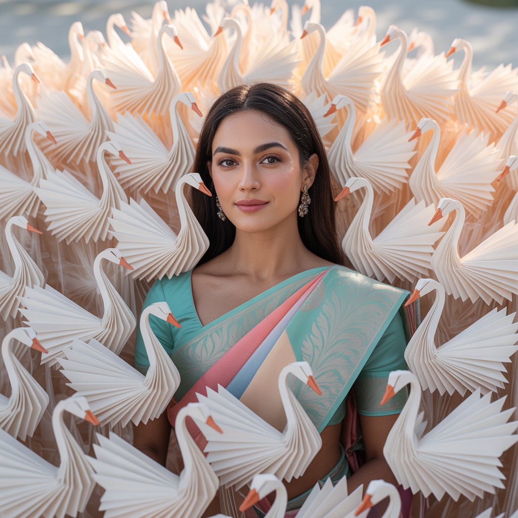 Pastel Saree White Origami Swans Lite Background Cinematic Luxury Prompt | Aesthetic Saree Ai Prompt