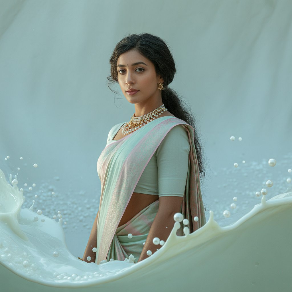 Pastel Saree White Pearl Water Lite Background Cinematic Prompt | Wedding Saree Ai Prompt