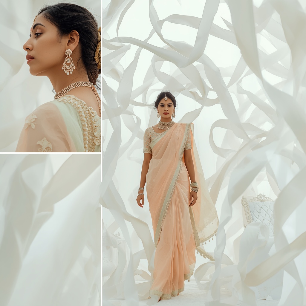 Pastel Saree White Silk Ribbons Lite Background Premium Prompt | Saree Profile Pic Ai Prompt