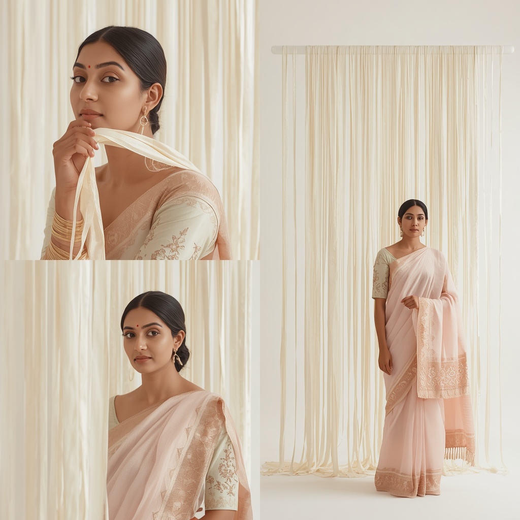 Pastel Saree White Silk Tassels Lite Background Cinematic Prompt | Gemini Ai Saree Prompt