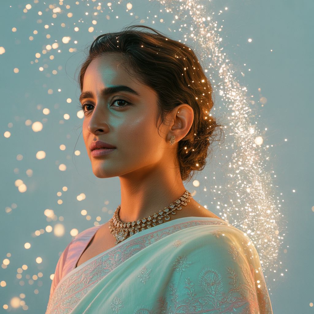 Pastel Saree White Star Dust Lite Background Cinematic Prompt | Saree Profile Pic Ai Prompt