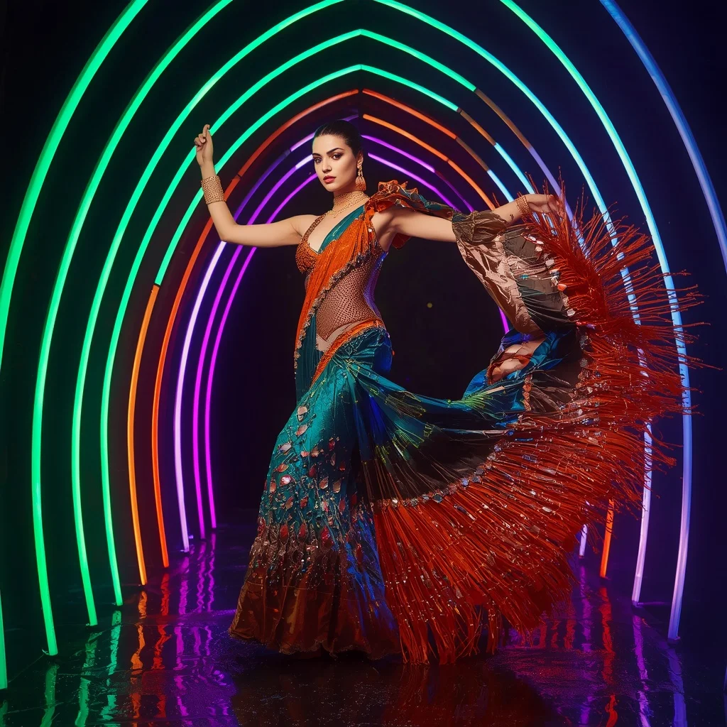 Peacock Phoenix Flame Saree with Curved Neon Cathedral | Prompt Generator