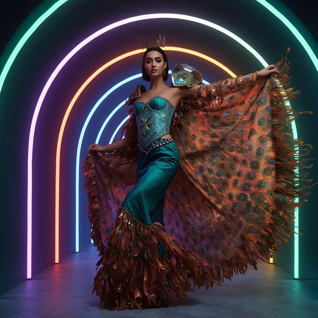 Peacock Phoenix Flame Saree with Curved Neon Sanctuary | Character Design Ai Prompt