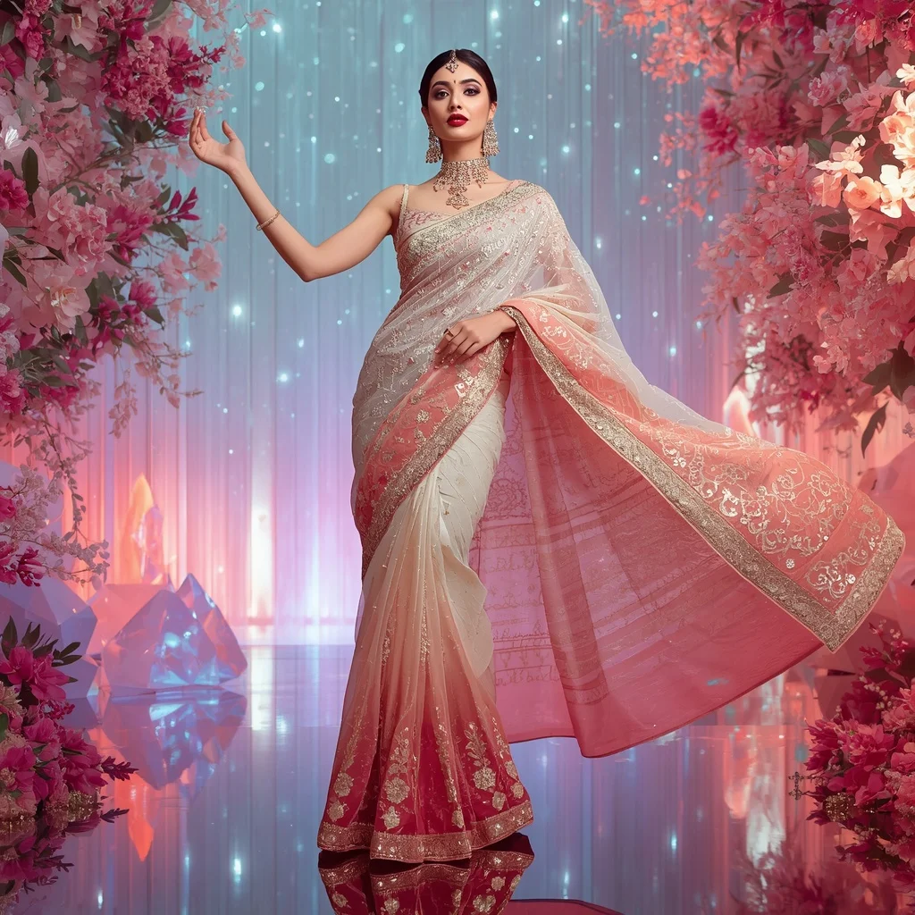 Pearl Aurora Mythique Saree with Infinity Crystal Celestiverse and Halo Crownlight Eternityfalls | Coquette Aesthetic Girl Prompt