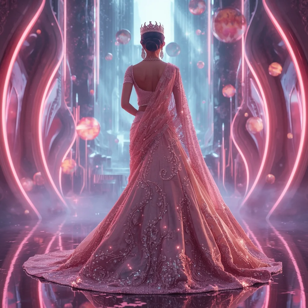 Pearl Ruby Solar Crown Hyperempress Saree with Aurora Fortress Megaverse Eternal | Saree Girl Ai Prompt