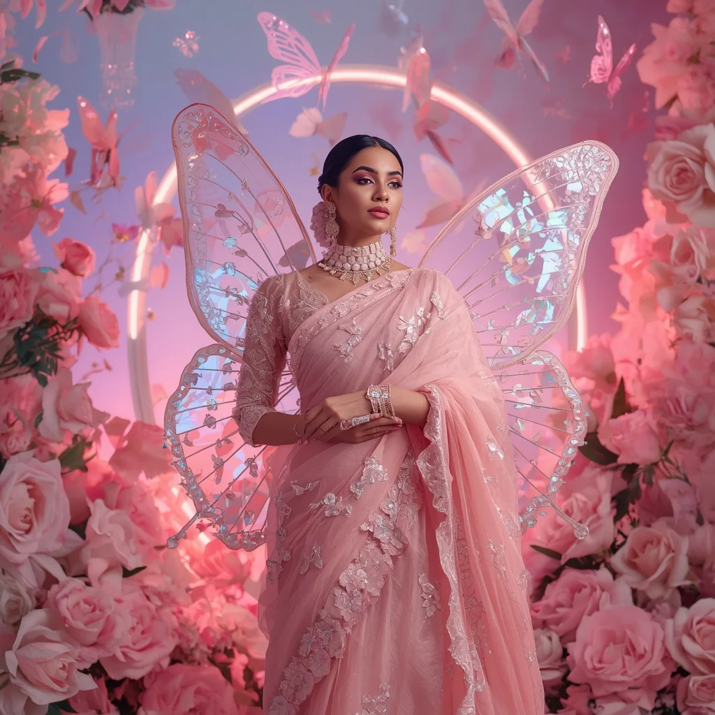 Pink Opal Butterfly Garden Saree – Romantic Crystal Couture with Floral Fantasy Background | Instagram Viral Photo Ai Prompt