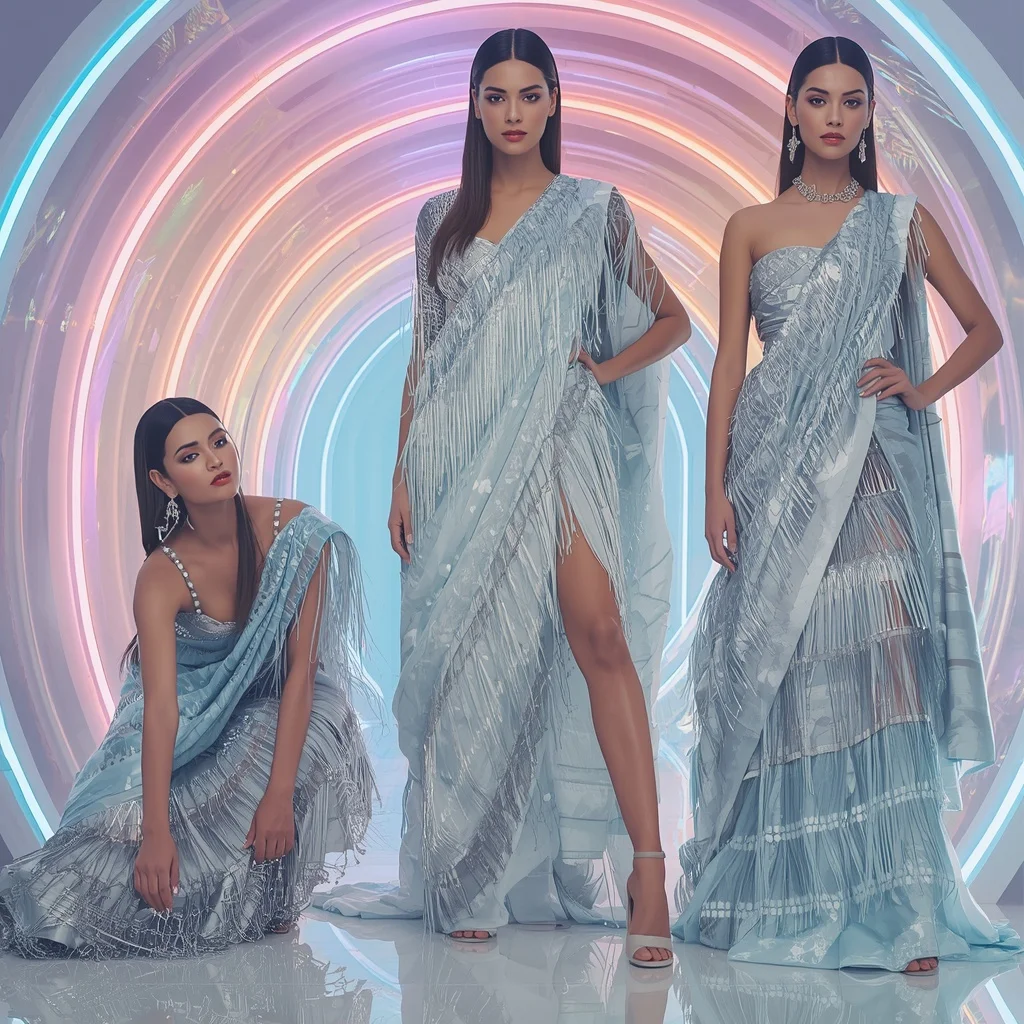 Platinum Ice Royale Saree with Curved Neon Palace | Korean Ai Prompt