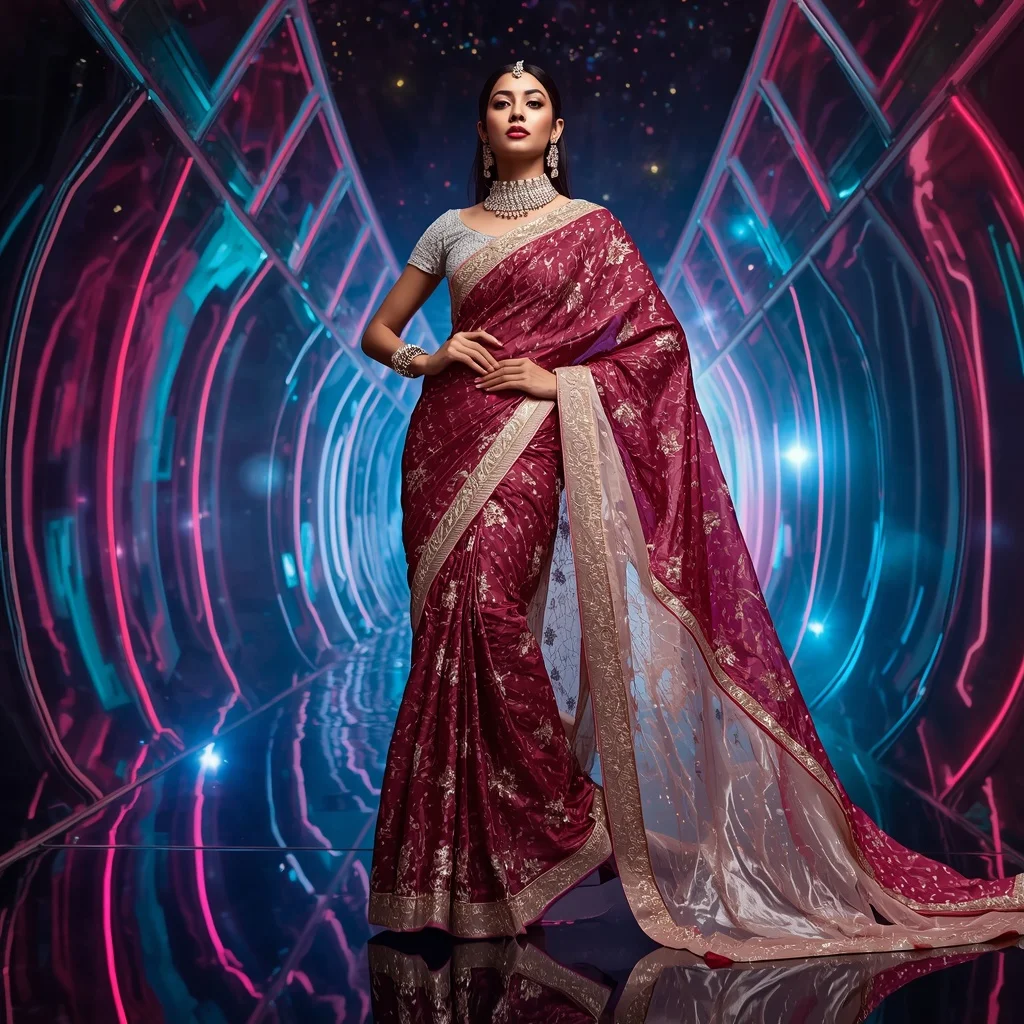 Platinum Ruby Archseraph Saree with Mirrorflare Paradiseverse and Neon Vein Infinityfire | Picture Prompt