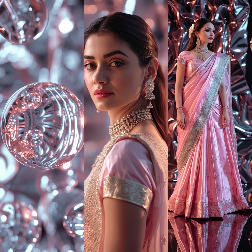 Premium Split-Screen Visual with Floating Liquid Mercury Elements and Indian Saree | Gemini Saree Prompt Photo