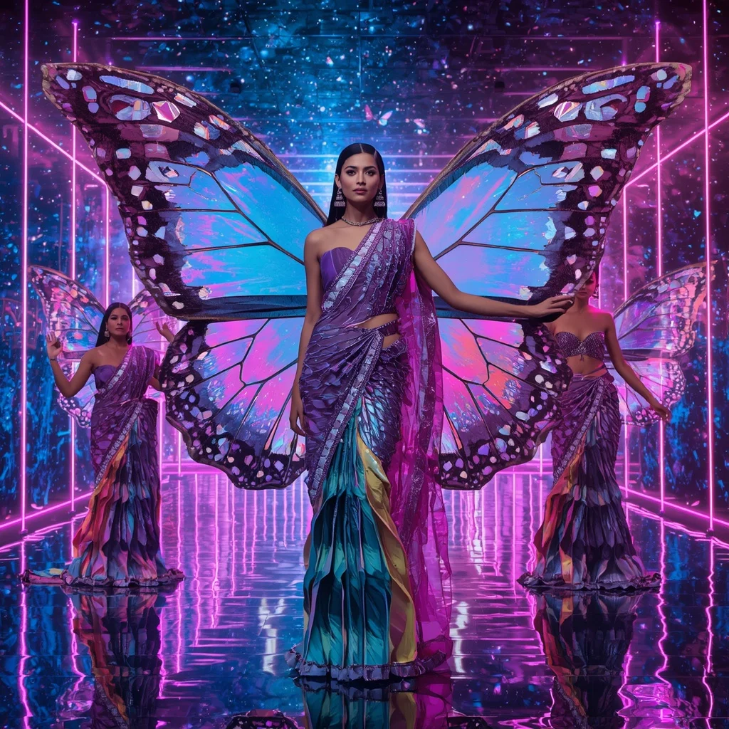 Prism Galaxy Butterfly Saree – Futuristic Multi-Pose Rainbow Couture with Cosmic Laser Background | Ai Gemini Prompt