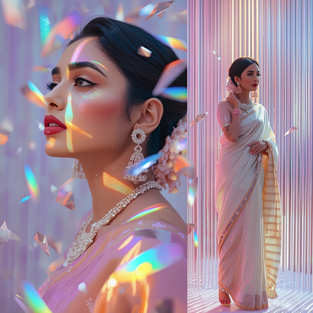 Prism Light Spectrum Pastel Saree Image Prompt Rainbow Refraction Cinematic Collage Saree Prompt | Saree Reel Ai Prompt