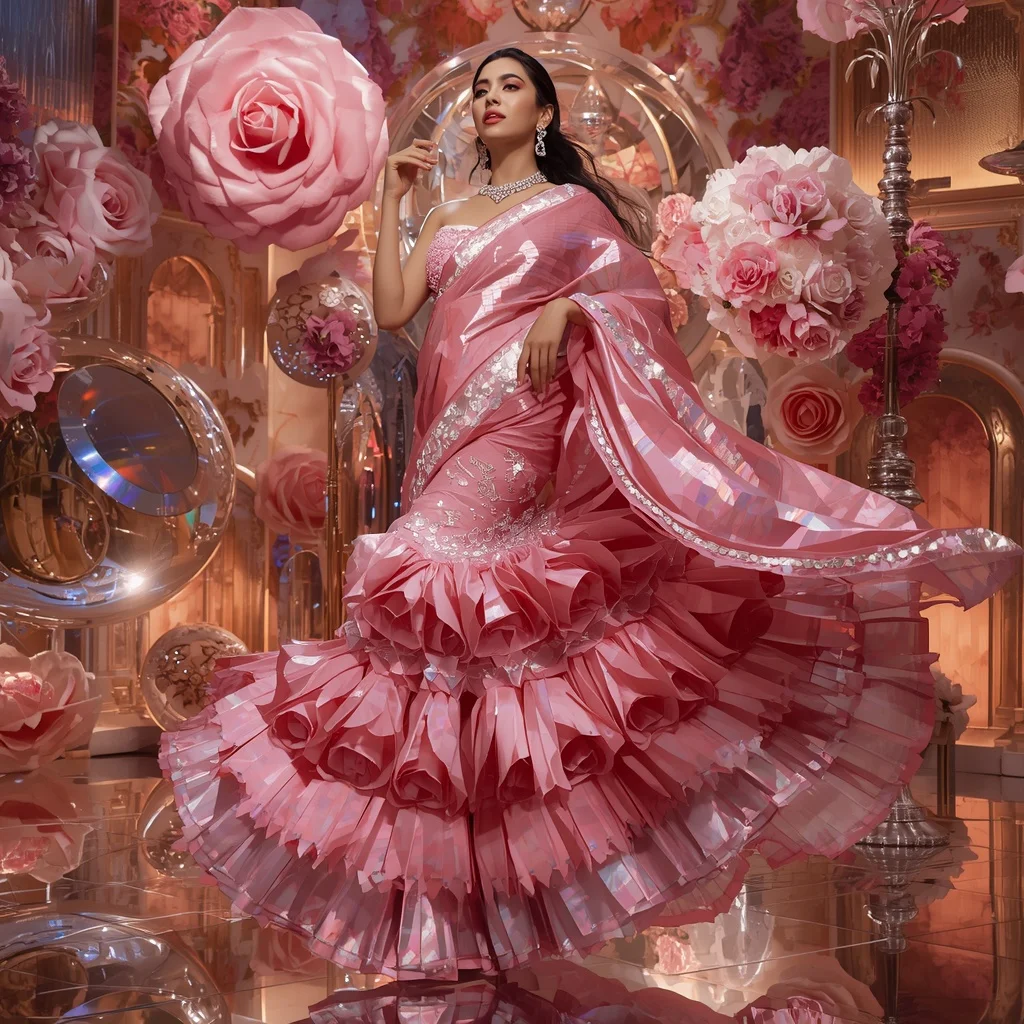 Prism Rose Orbit Saree with Floating Floral Fantasy Palace | Golden Hour Photography Ai Prompt