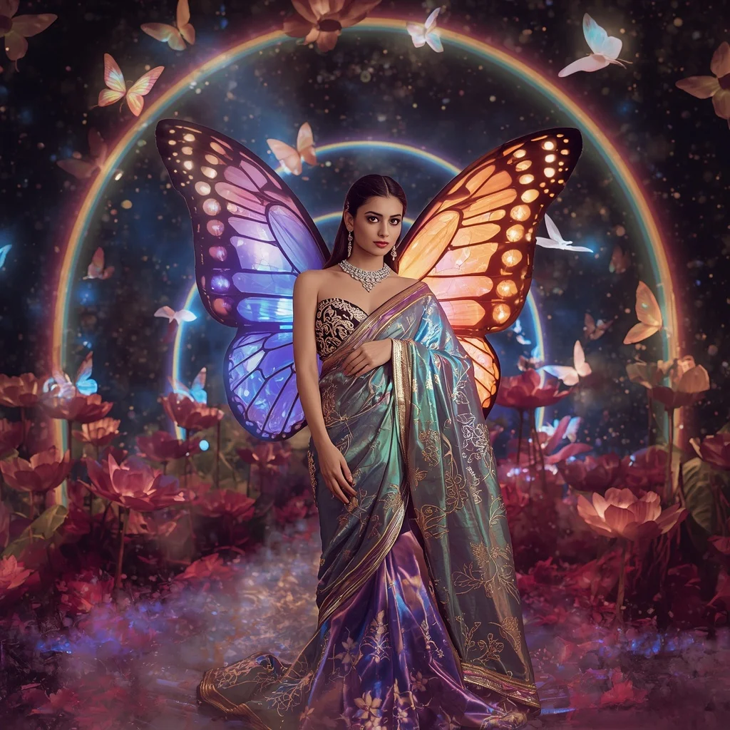Rainbow Crystal Lotus Butterfly Saree with Floating Floral Universe Background | Ai Gemini Prompt