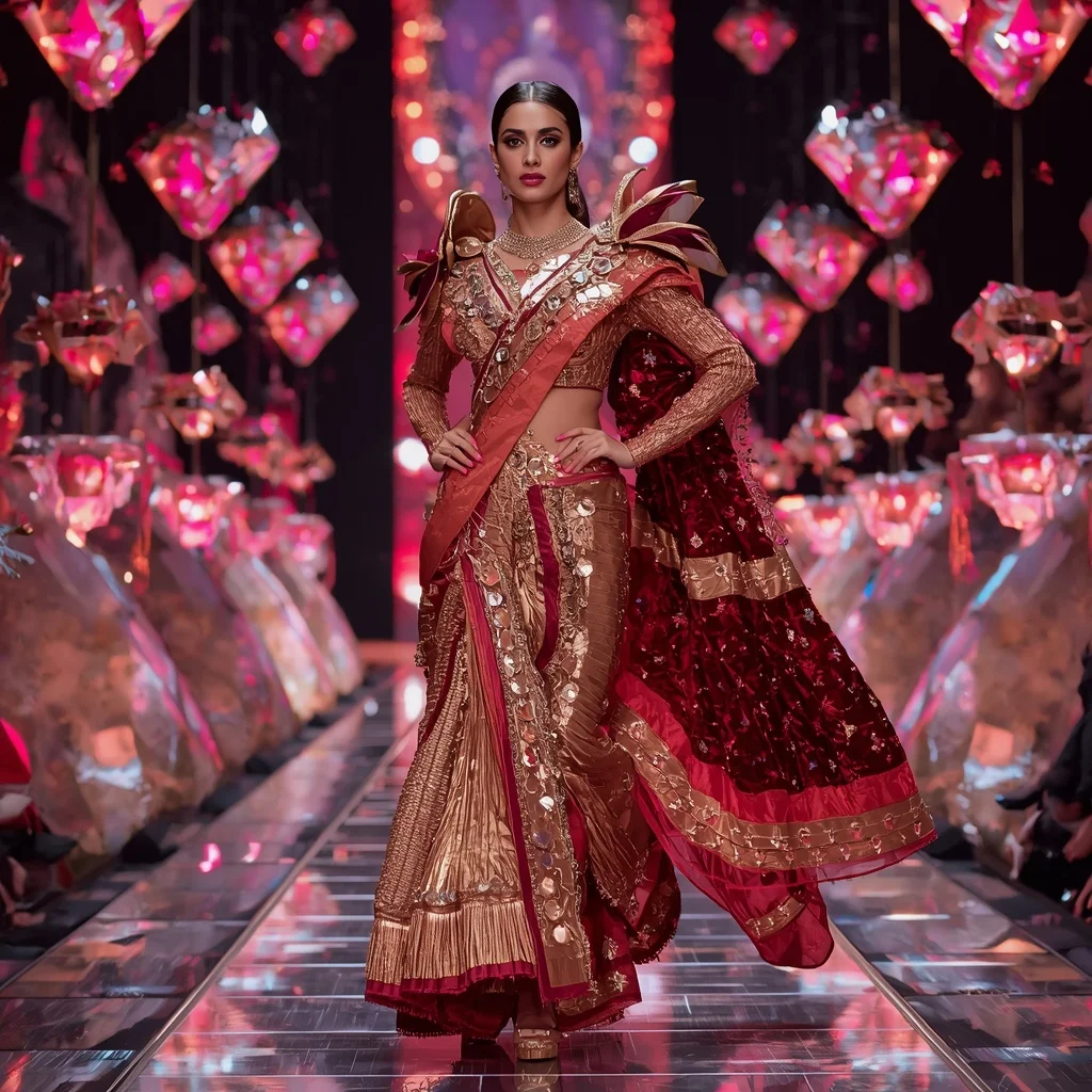 Rose Gold Inferno Fantasy Saree with Floating Crystal Catwalks | Gemini Ai Prompt For Girl