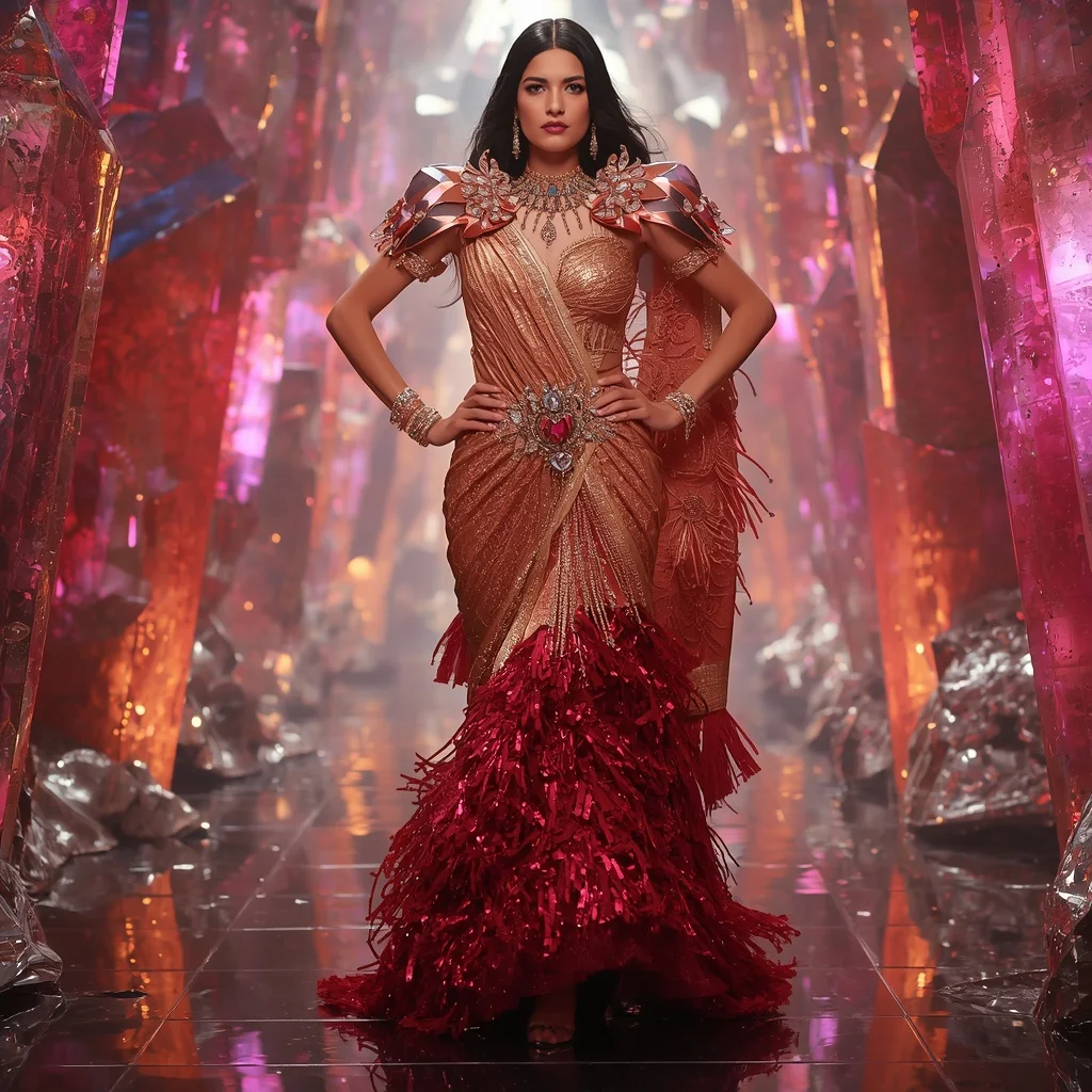 Rose Gold Inferno Fantasy Saree with Floating Crystal Passageways | Profile Picture Ai Prompt