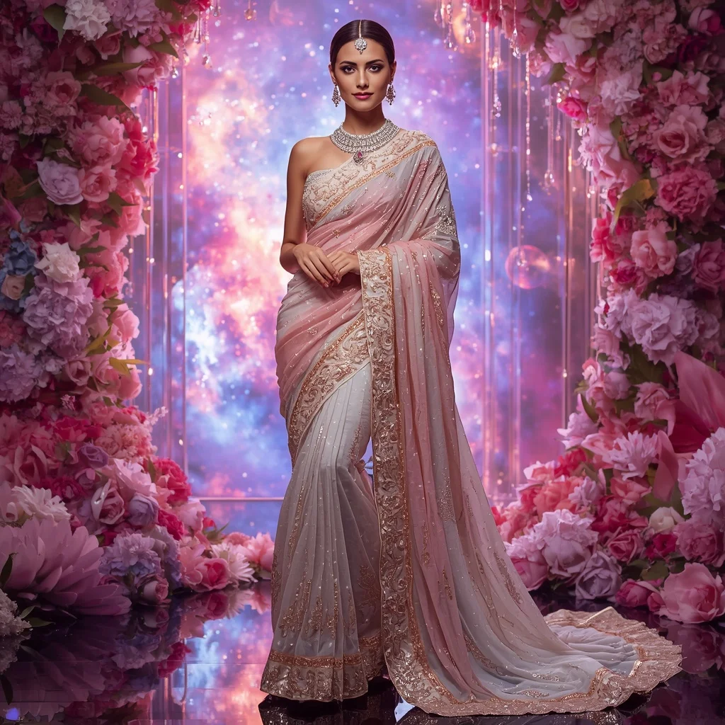 Rose Nebula Seraphique Saree with Celestial Bloom Paradiseverse and Halo Flame Celestialfalls | Gym Fitness Girl Ai Prompt