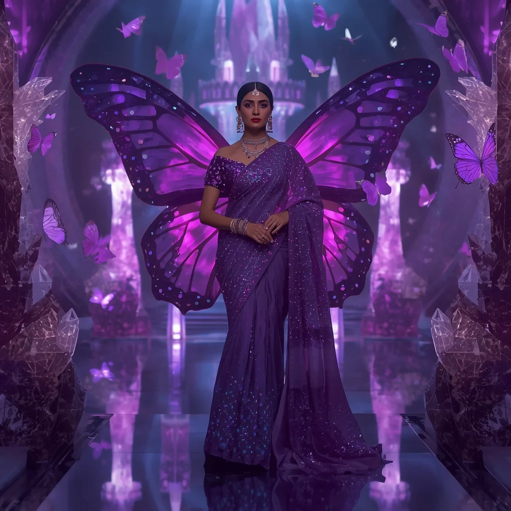 Royal Amethyst Butterfly Flame Saree with Dream Crystal Fortress Background | Instagram Profile Pic Ai Prompt