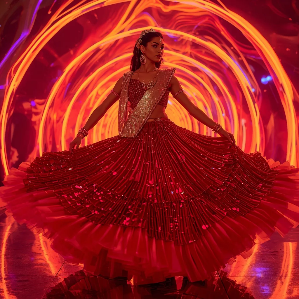 Royal Neon Flame Saree with Infinity Tunnel Lights | Gemini Saree Prompt Text