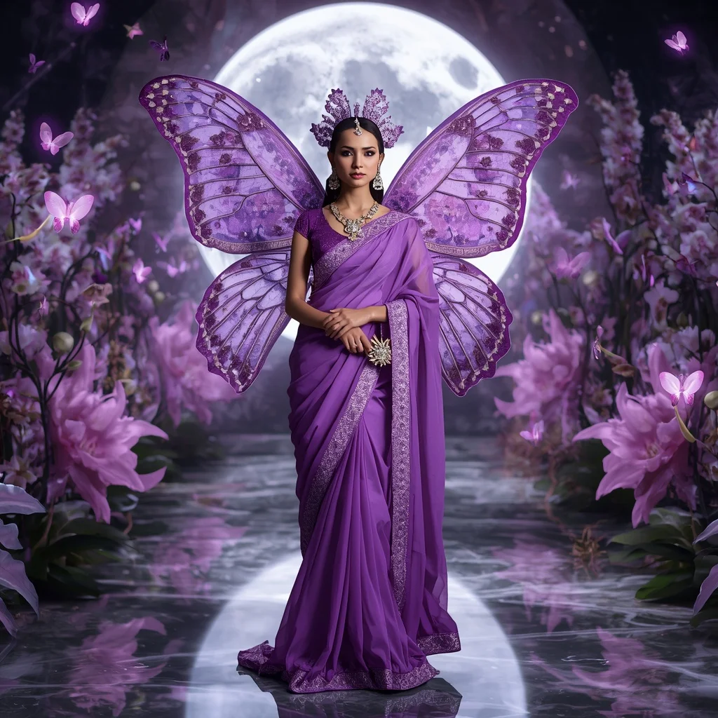Royal Orchid Butterfly Saree with Luxury Moon Garden Background | Viral Instagram Ai Prompt