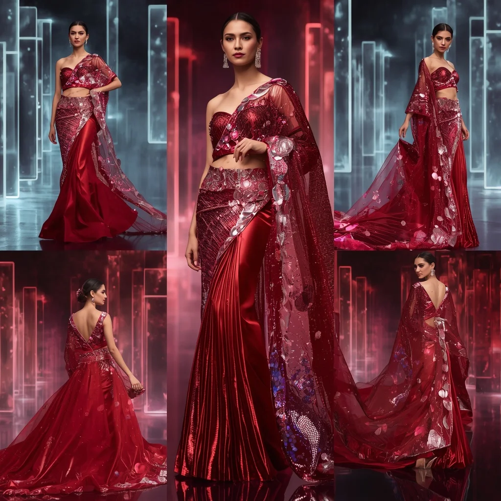Ruby Ice Majesty Saree with Floating Aurora Corridors | Festive Prompt