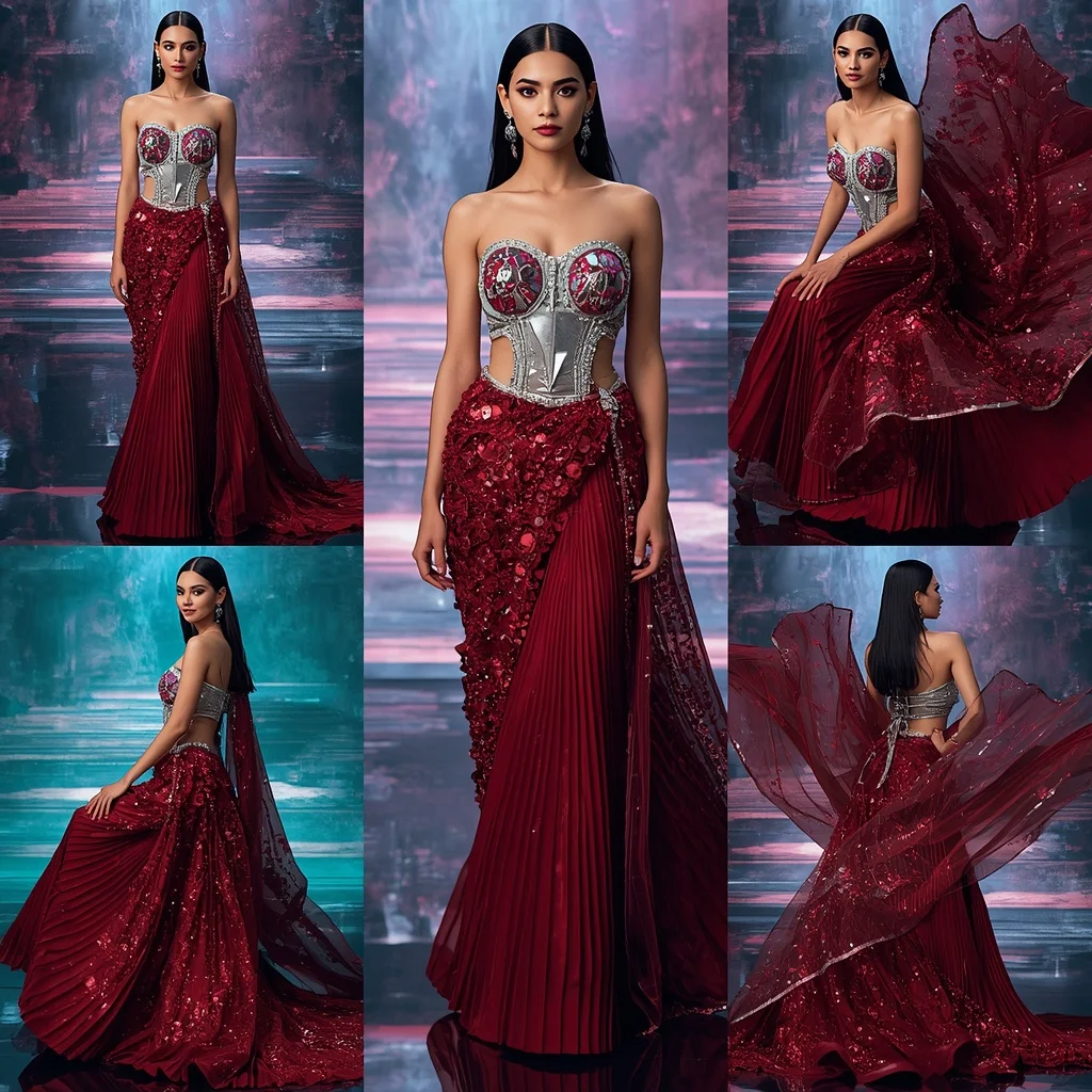 Ruby Ice Symphony Saree with Floating Aurora Staircases | Bridal Ai Prompt