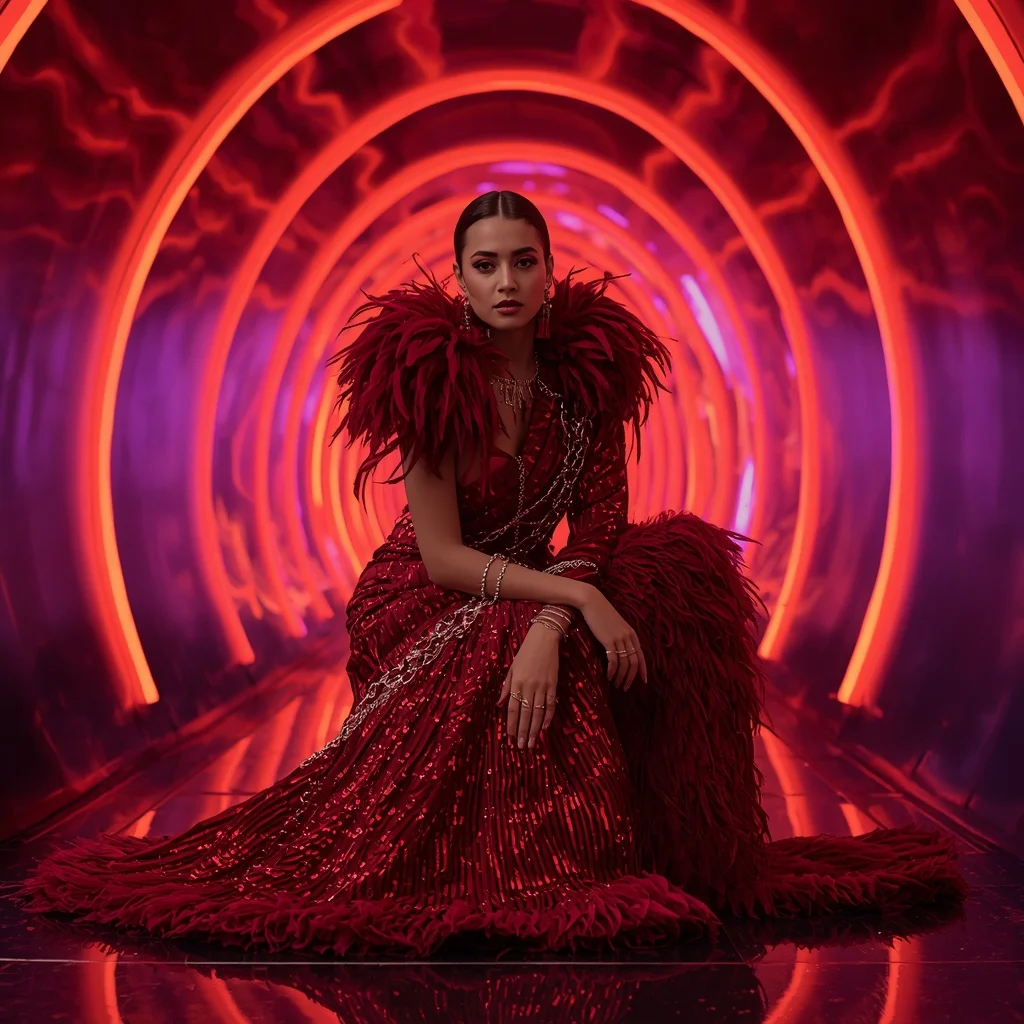 Ruby Inferno Feather Saree with Neon Ribbon Tunnel | Village Girl Ai Prompt