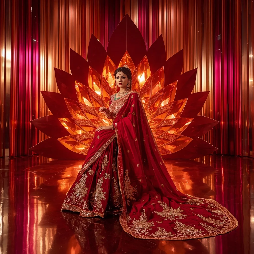 Ruby Solar Infinityqueen Lotus Festival Saree with Luxe Flame Prism Crown Sanctuary Dominion Palace | Instagram Model Ai Prompt
