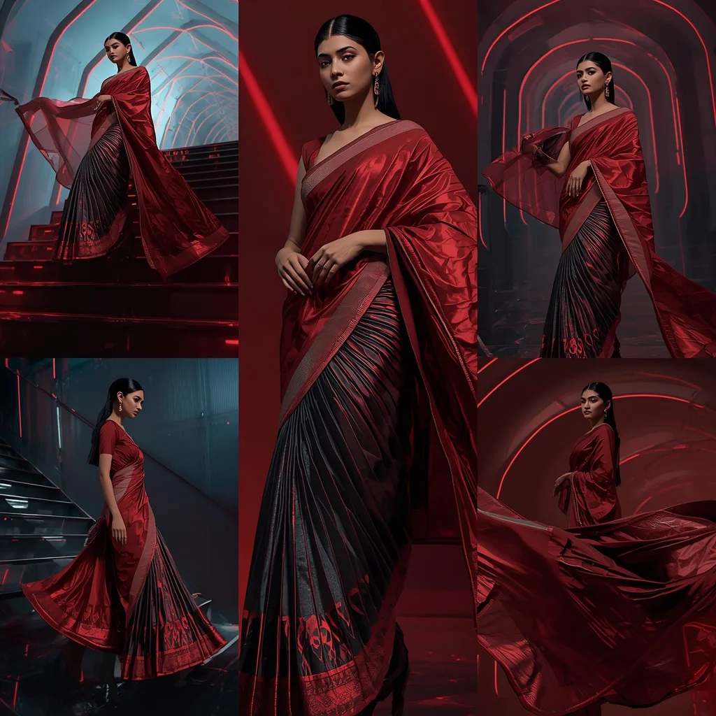 Ruby Thunder Saree with Floating Laser Staircase | Attitude Ai Prompt