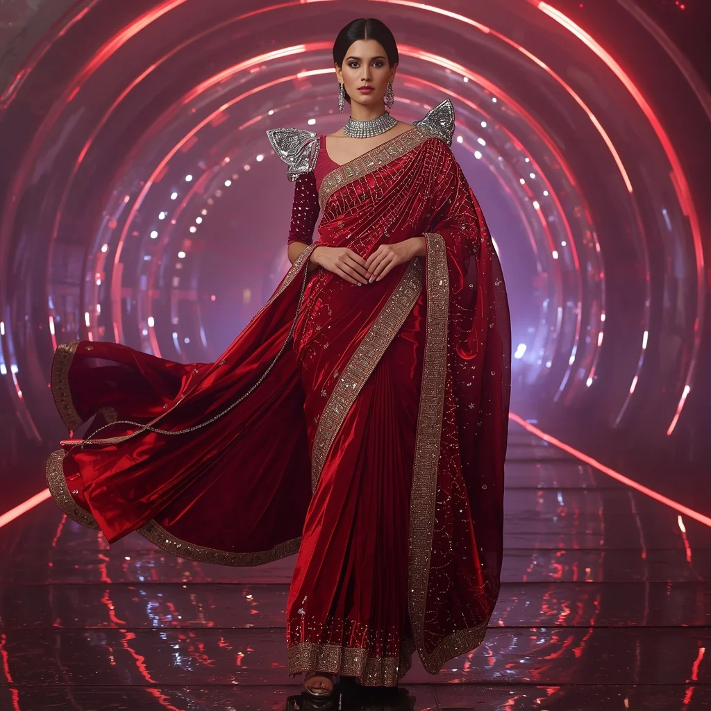 Ruby Velvet Galaxy Saree with Infinity Dome Empire | Flux Ai Prompt