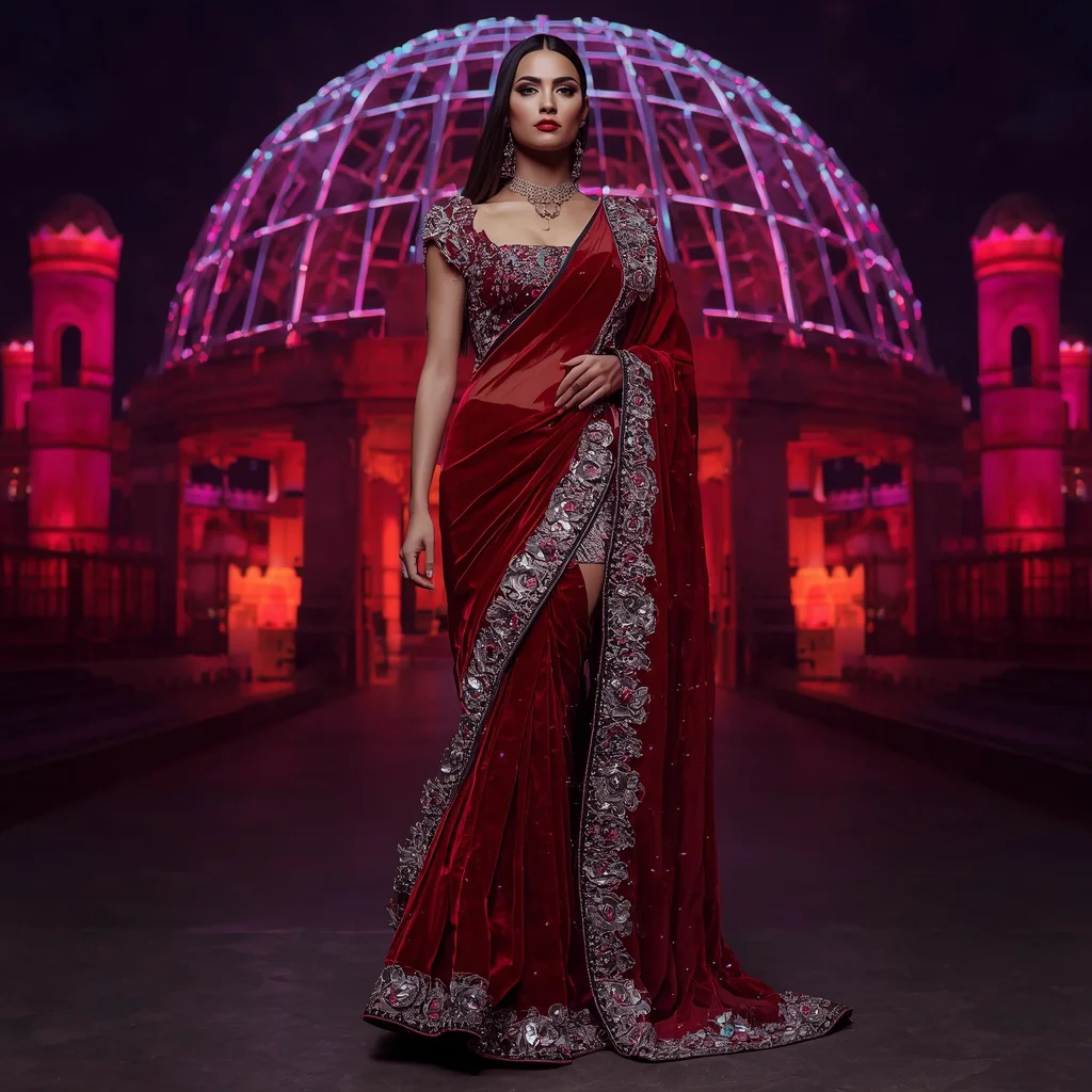Ruby Velvet Galaxy Saree with Infinity Dome Fortress | Creative Ai Prompt