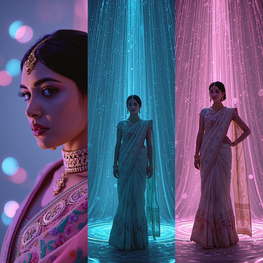 Sacred Geometry Mandala Projected Light Saree Cinematic Triptych | Saree Selfie Ai Prompt
