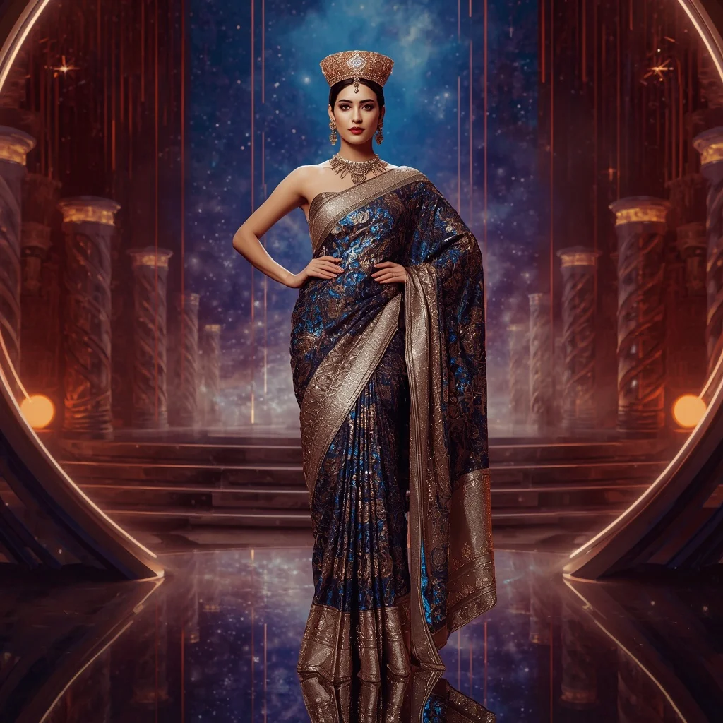 Sapphire Bronze Solar Crown Hyperqueen Saree with Radiant Helix Megaverse Infinity | Prompt For Gemini Ai Saree Look Couple
