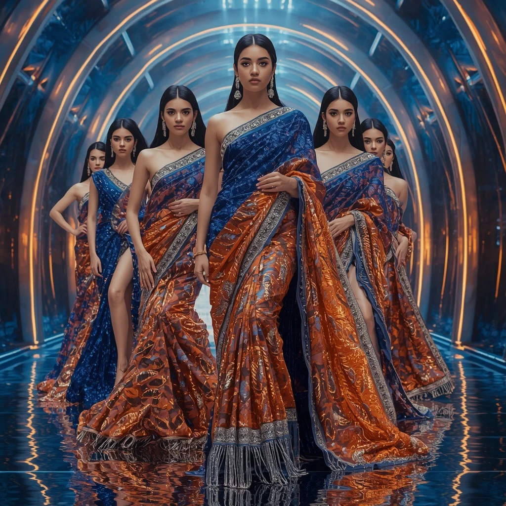 Sapphire Flame Galaxy Saree with Multi Motion Poses and Neon Water Prism Cathedral | Instagram Carousel Ai Prompt