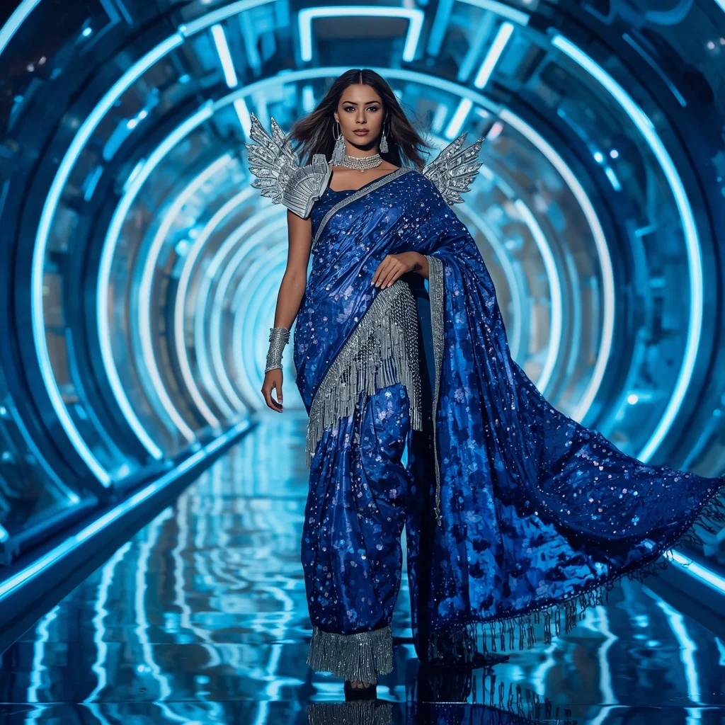 Sapphire Galaxy Mirror Saree with Floating Laser Infinity Chamber | Prompt For Gemini Ai Girl In Traditional Dress