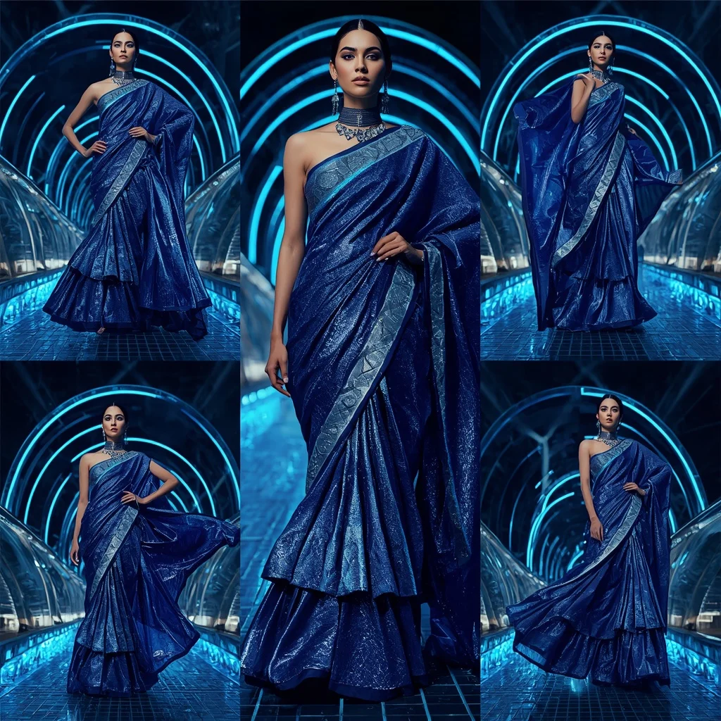 Sapphire Mirage Festival Saree with Neon Spiral Bridge | Prompt Chatgpt