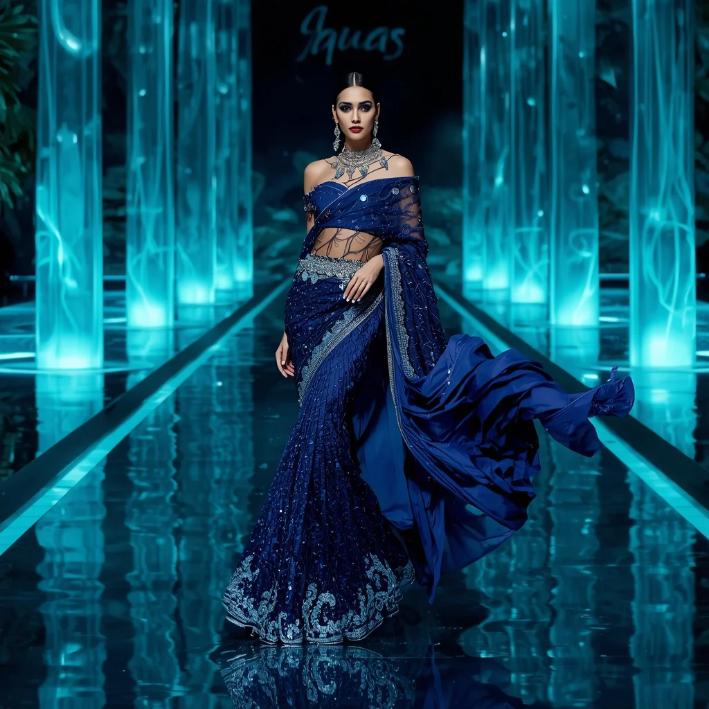 Sapphire Ocean Halo Saree with Floating Water Reflection Temple | Neon Light Girl Portrait