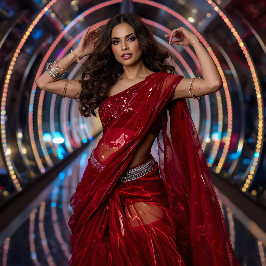 Scarlet Luxe Armor Saree with LED Wave Palace | Google Prompt