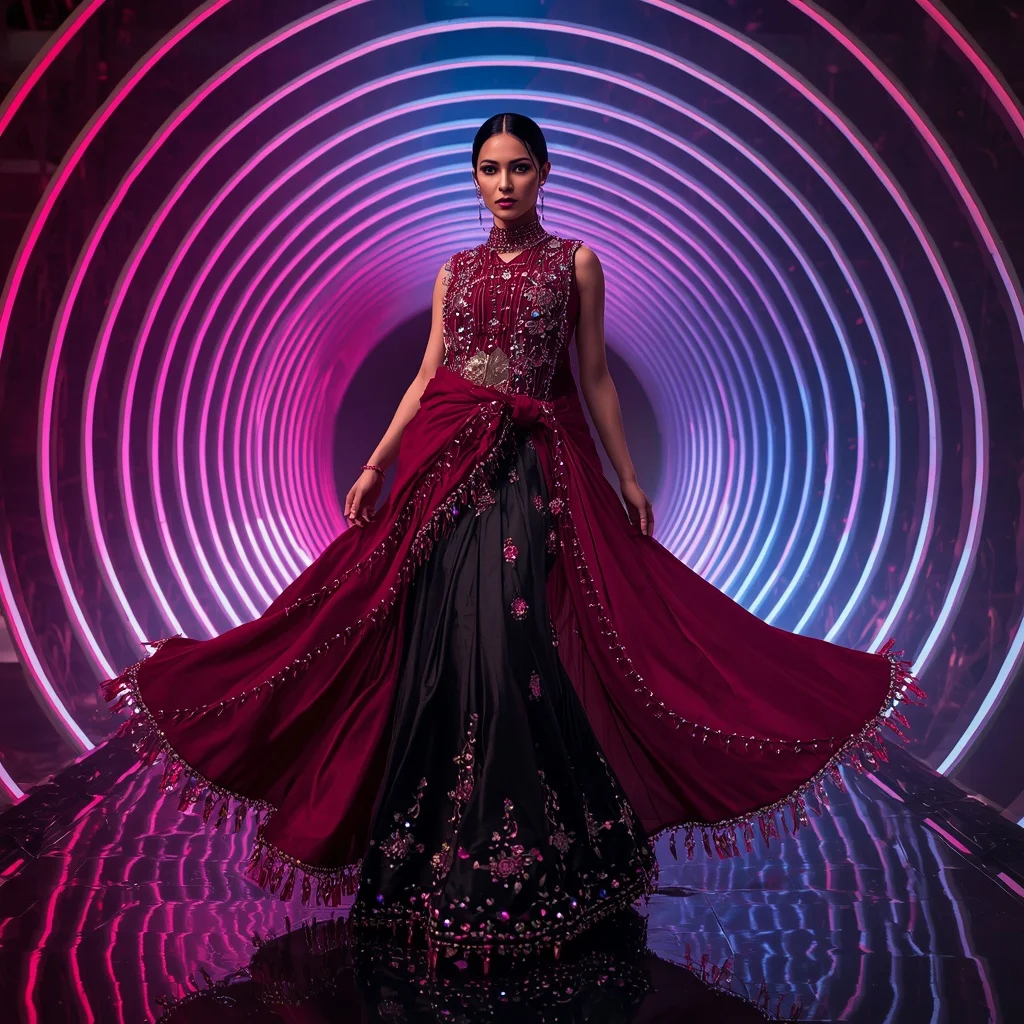 Scarlet Nebula Mirage Saree with RGB Spiral Cathedral | Saree Photoshoot Ai Prompt