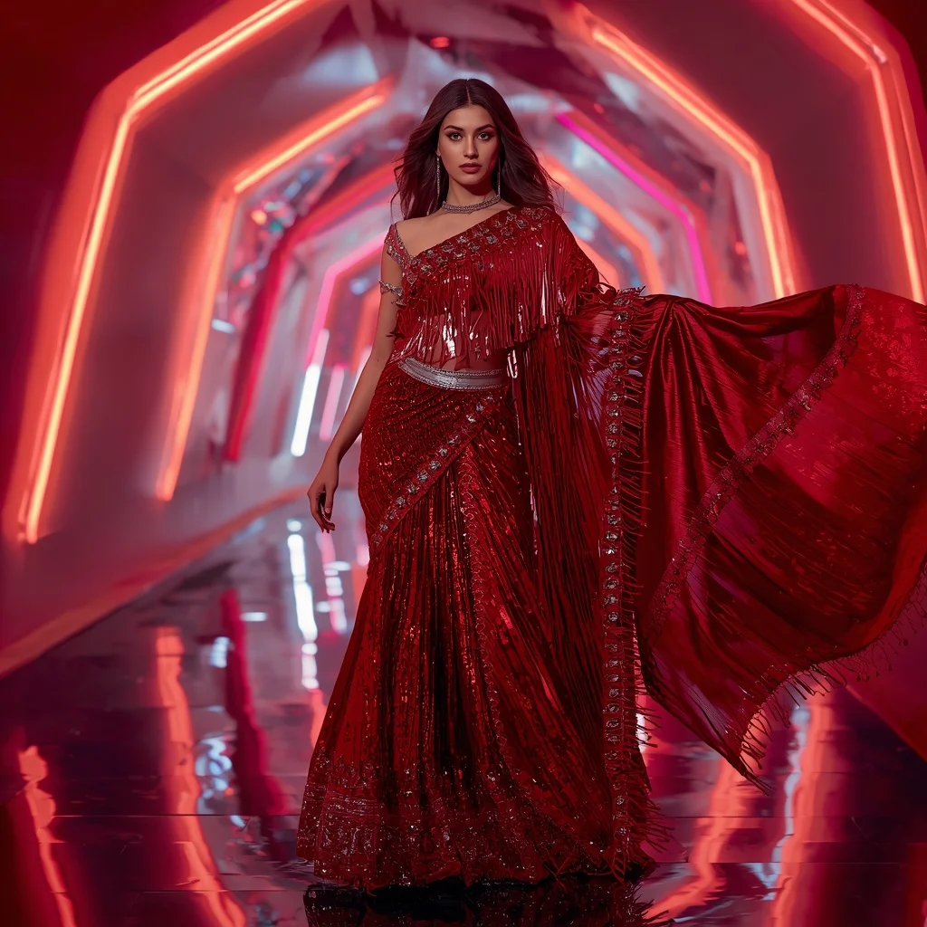 Scarlet Nova Prism Saree with Infinity Hologram Passage | Trending Prompt For Gemini Ai Girl