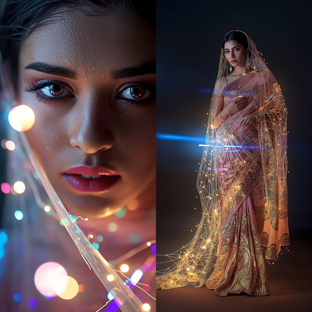 Sequential Portrait Visual with Indian Woman and Glowing Fiber Optic Light Threads | Saree Photoshoot Prompt Ultra Realistic