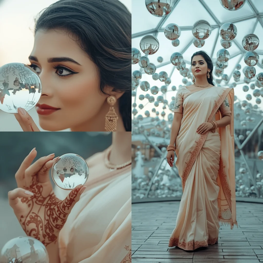 Sequential Visual Layout Featuring Indian Woman and Slowly Floating Glass Orbs | Saree Ai Prompt Copy Paste For Gemini