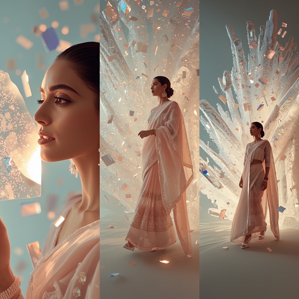 Shattered Holographic Tarot Cosmic Dust Saree Premium Triptych | Gemini Ai Saree Photo